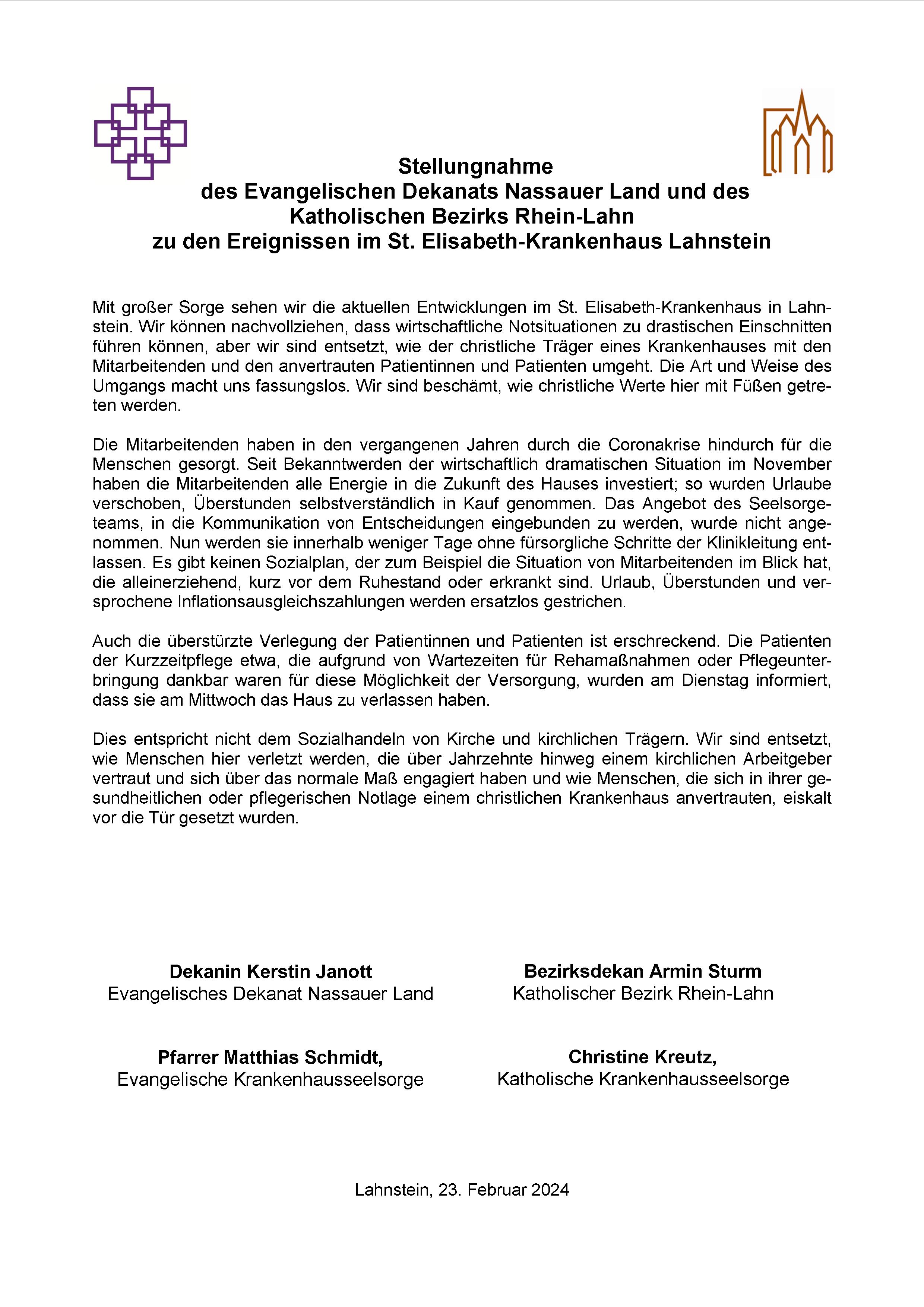 Stellungnahme ev Dekanat und kath Bezirk zum Elisabethkrankenhaus